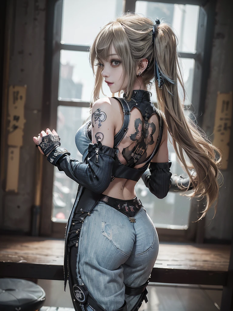 (Full Body View:1.3)、(Back view:1.4)、(Smiling with teeth showing:1.3),(Shibuya Gal:1.5)、(Gothic Lolita style fashion:1.5)、(Punk RockVisual Kei:1.5)、(Wearing a rhythmic gymnastics bodysuit with intricate details:1.4)、(Racing suit and pants with delicate decorations in white, denim and charcoal:1.5)、(Denim and light blue and white boots:1.3)、((belt))、(Numerous delicate logo marks all over the costume:1.4)、(collar:1.3)、(Striped underwear:1.5)、20-year-old、NSFW、((Highest quality、In 8K、masterpiece:1.3))、Sharp focus:1.2、(Layered Cut、Huge boobs:1.1),Beautiful woman with perfect figure:1.4、(Dancing vigorously:1.3)、Slender Abs:1.2、Highly detailed face and skin texture、Detailed eyes、double eyelid,(Twin tails:1.3)、(Brown-golden hair:1.3)、Gravure idol、(The background is a dance carnival:1.3)、(Slim Body:1.3),(Make your legs thinner:1.4),(clavicle:1.1)、(Thin and slim thighs:1.3)