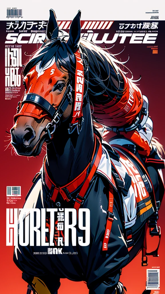 Horse-themed characters, Run, Wearing big sneakers, サイバーパンク, Scarlet image color, Keep the background simple, Magazine cover design, Horse tail, Like a horse girl, horse ears, projected inset, UHD, highres, best quality, 8k