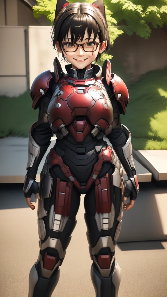 Highest quality 8k Iron Man Suit Girl Elementary school girl Sweaty face Cute Smile short hair boyish Steam coming from the head My hair is wet with sweat Black Hair Glasses