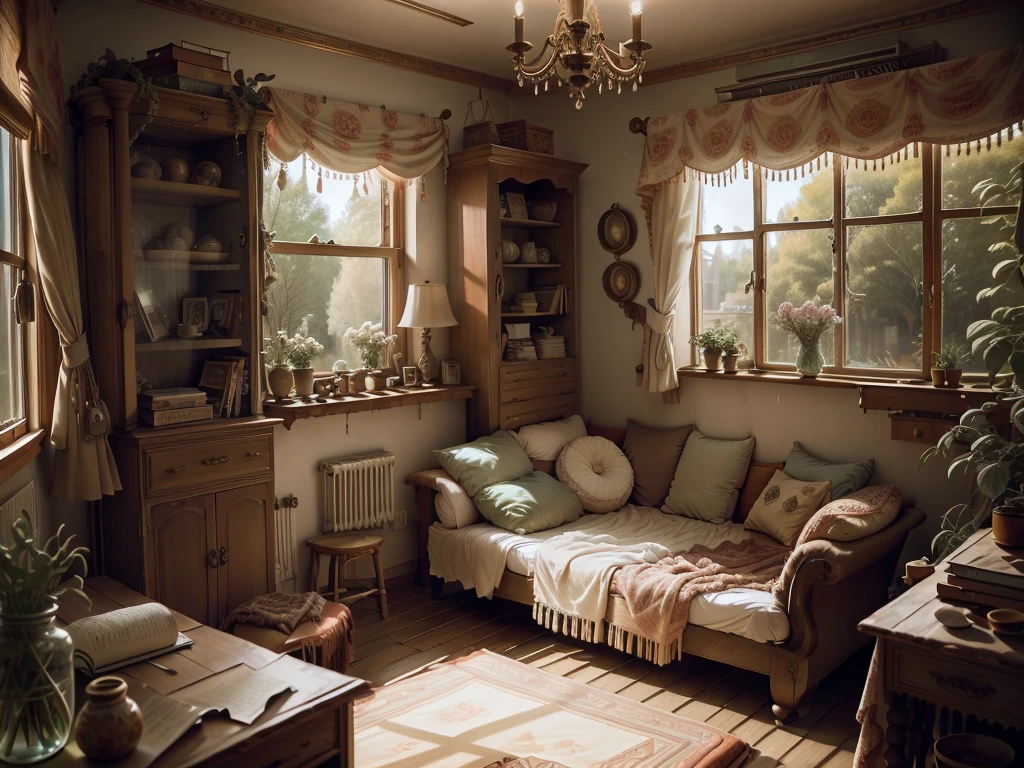 8K picture quality，best quality，masterpiece，HD，Super rich detail，detailed，Princess Lori's warm style room，Green，Cosy bedroom，Big windows，Floor-to-ceiling windows，Queen bed with pillows，clothing，notebook，There is a cabinet next to it，There are bookcases，There is a desk，There are chairs，There are flowers，There is a wardrobe，There was a sofa，There are crosses，There are masks，There are a lot of books，Overall very comfortable，extremely clean，Very informative，Big windows，Outside the window is a large rose garden，Lots of roses，There is also a great view from the window。，超HD逼真，On-site photos，Strong sense of reality