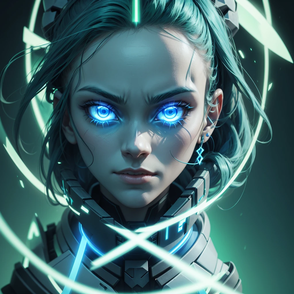 A Skull glowing blue LED, with a letter X on her forehead ,IN ANIME FORM,8k, with green background Pantone 354C, without any other detail on the background, just green Pantone 354C.