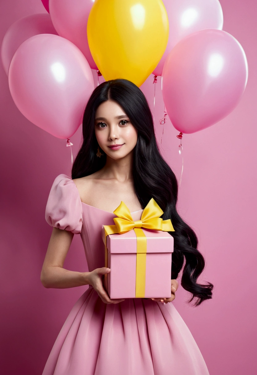  character with long black hair,skin fair,holding a pink box with yellow bow pink dress, background with balloons

