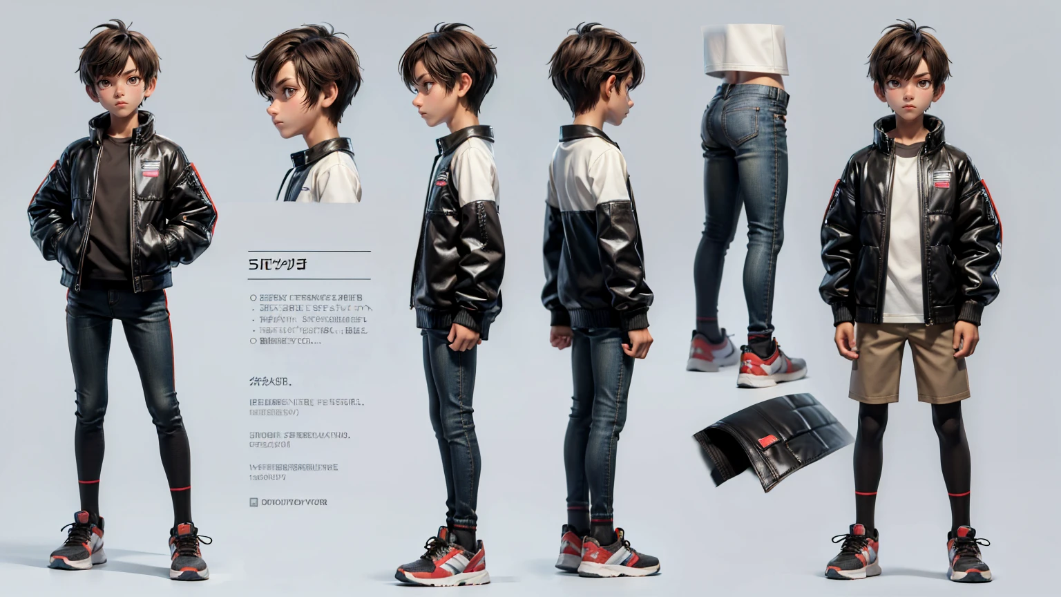 cute face boy, cute face, short height boy, wearing casual futuristic pent, full standing pose, brown style hairs, sports shoes, Character Sheet, , Full body, Simple white background, front pose character reference sheet, Concept art, design sheet