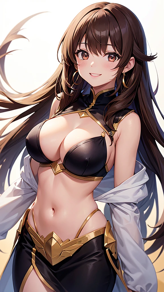 One girl, High resolution, Long Hair, smile, bangs, Brown Hair, High resolution, chest, Crescent-shaped earrings, anime, 