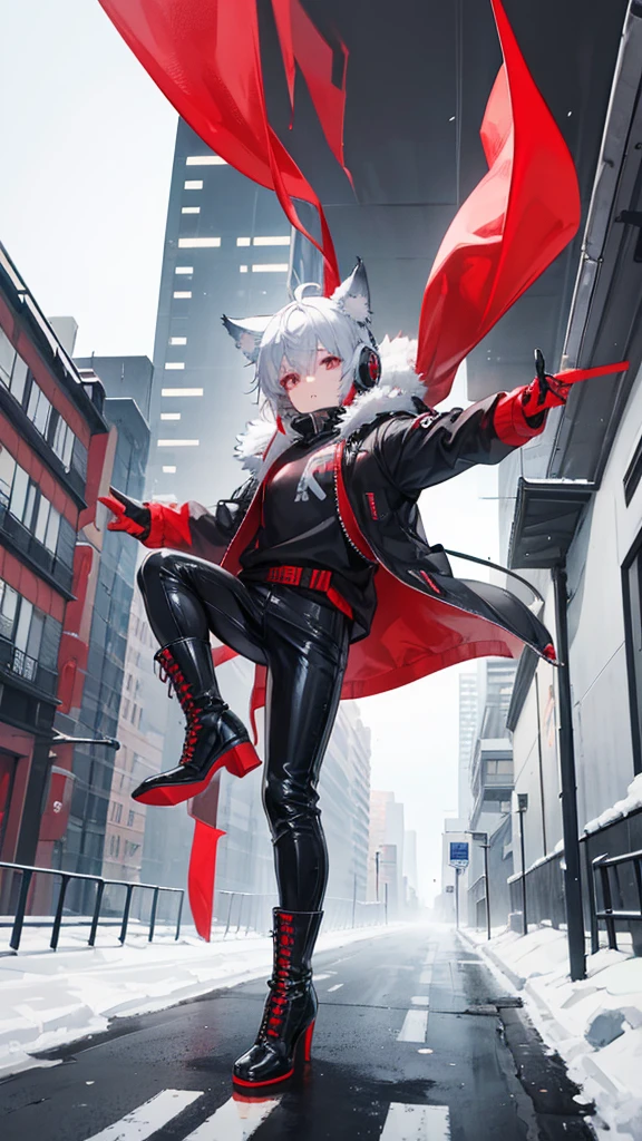 Winter city,whole body,shortness of breath,Beastman,shota,Wolf,headphone,Long Parka,pants,Black combat long boots,Stiletto heels with red soles,Running,Character portrait, High resolution, 