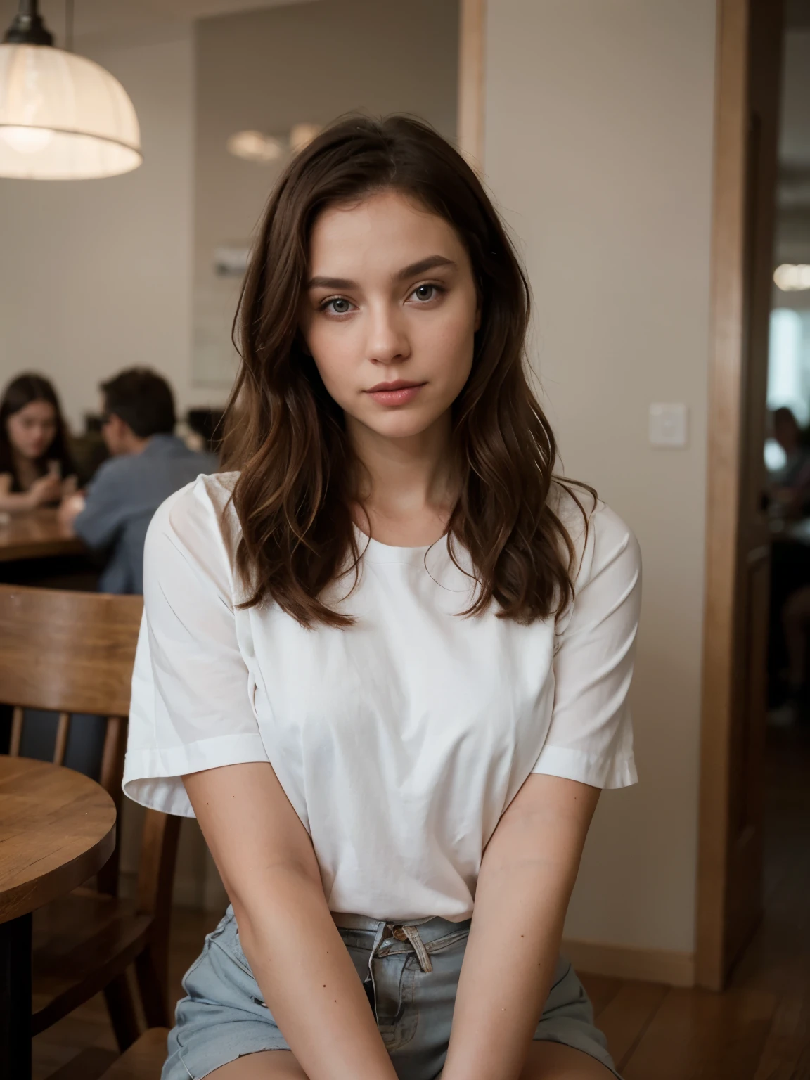 A professional portrait photograph of a gorgeous Norwegian girl in summer clothing with long wavy dark red hair, sultry flirty look, gorgeous symmetrical face, cute natural makeup, wearing elegant summer fashion clothing, sitting in a coffee shop at night, stunning modern urban environment, ultra realistic, concept art, elegant, highly detailed, intricate, sharp focus, depth of field, f/1.8, 85mm, medium shot, mid shot, professionally color graded, bright soft diffused light, volumetric fog, trending on Instagram, HDR 4K, 8K
