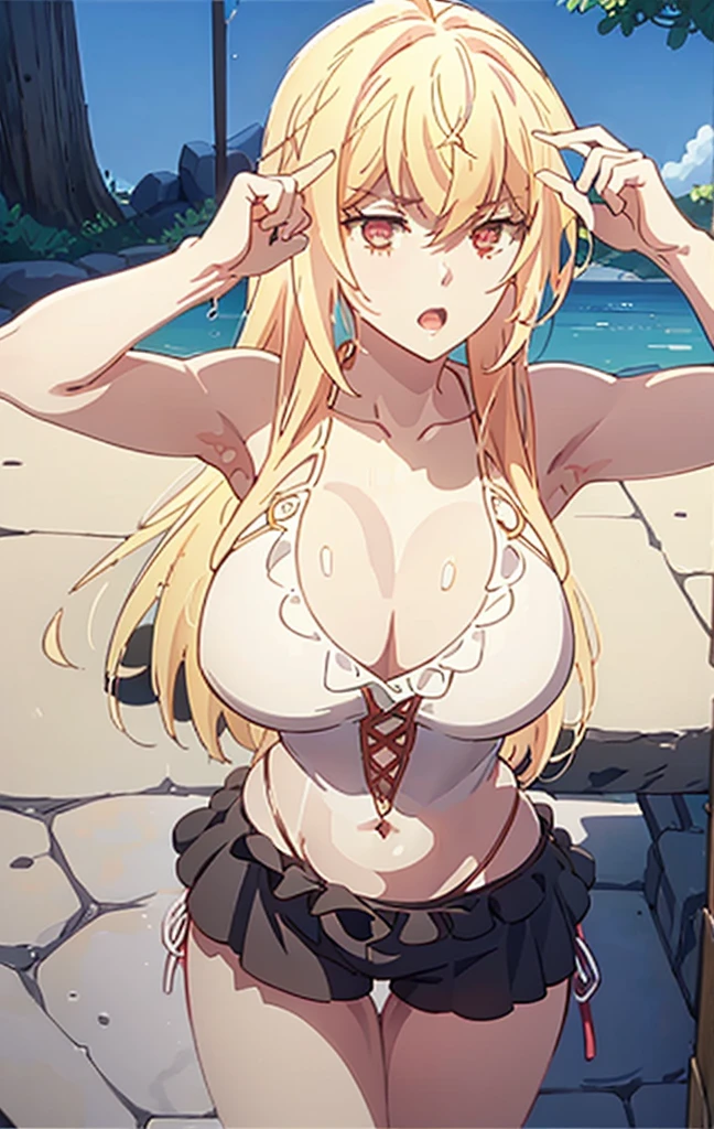 Masterpiece, best quality, highly detailed, highres, 8K, natural lighting, 1 girl, blonde hair, ahoge, ruby eyes, huge breast, black tank top, mini short pants, she wet, sexy pose, outdoor , detailed eyes, perfect eyes colors, full body shoot, detailed eyes, detailed finger shape, the number of fingers is not excessive