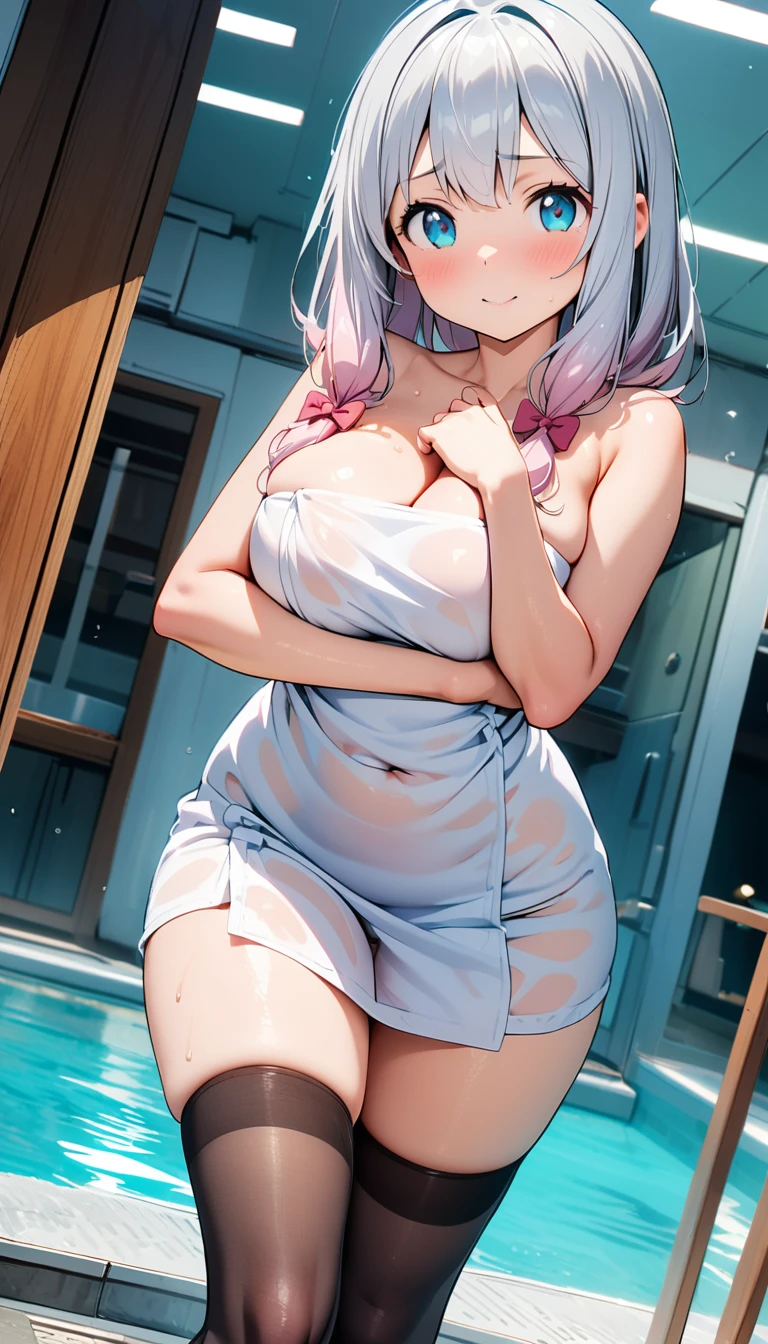 [1girl, Izumi Sagiri, eromanga sensei], curvy, Slender, large breasts, black thigh highs, (bent over), (Naked Towel, (see-through Naked Towel, 粘着性のあるNaked Towel)), (close-up shot), (dynamic angle), Highest quality, Super detailed, masterpiece, Ultra-high resolution, 8k