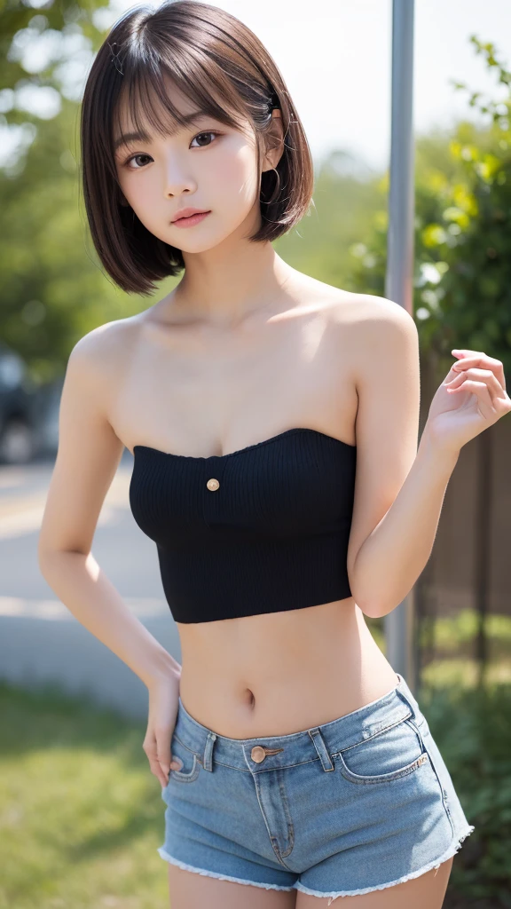 Close-up of a woman taking a photo、The most beautiful Japanese models、(8--old ale model:1.5)、(young、Round face、Kind Face:1.25)、Droopy eyes、double eyelid、(bangs、Black Hair、short hair、Straight hair)、No makeup、(Knitted Products、Tube top:1.5)、(Super cute idol face:1.4)、(Slim Beauty、Slender legs、flat、length, Thin neck、Narrow shoulders、Small shoulders、Thin arms、Thin belly、delicate、flat体)、(belly button、おbelly button露出:1.2)、Waistline、sexy、Modest chest、Beautiful breasts、Shining Breasts、Cleavage、(Micro Shorts:1.5)、(super short shorts、The length is super short:1.2)、Lowered、Shorts that look like pants、Jeans Material、Low waist、Loweredズボン、Face Focus、Gazing at the audience、hot gaze、(RAW Photos、Highest quality、masterpiece、Ultra-high resolution、Ultra-high resolution、8k、Genuine)、Pose with wriggling hips、((Bend your waist))、Field、Good weather、Daytime、nature、