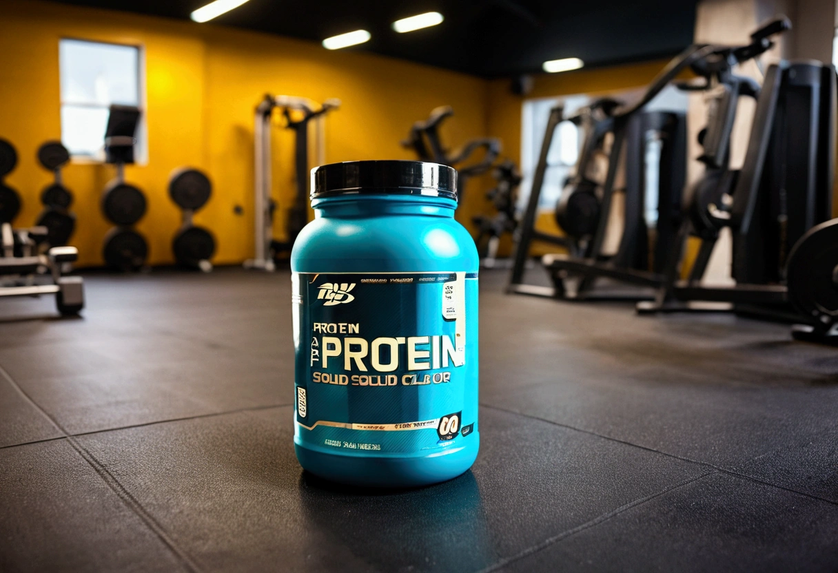 a picture of a protein solid color jar on the floor, gym in the background like in a commercial, gym out of focus
