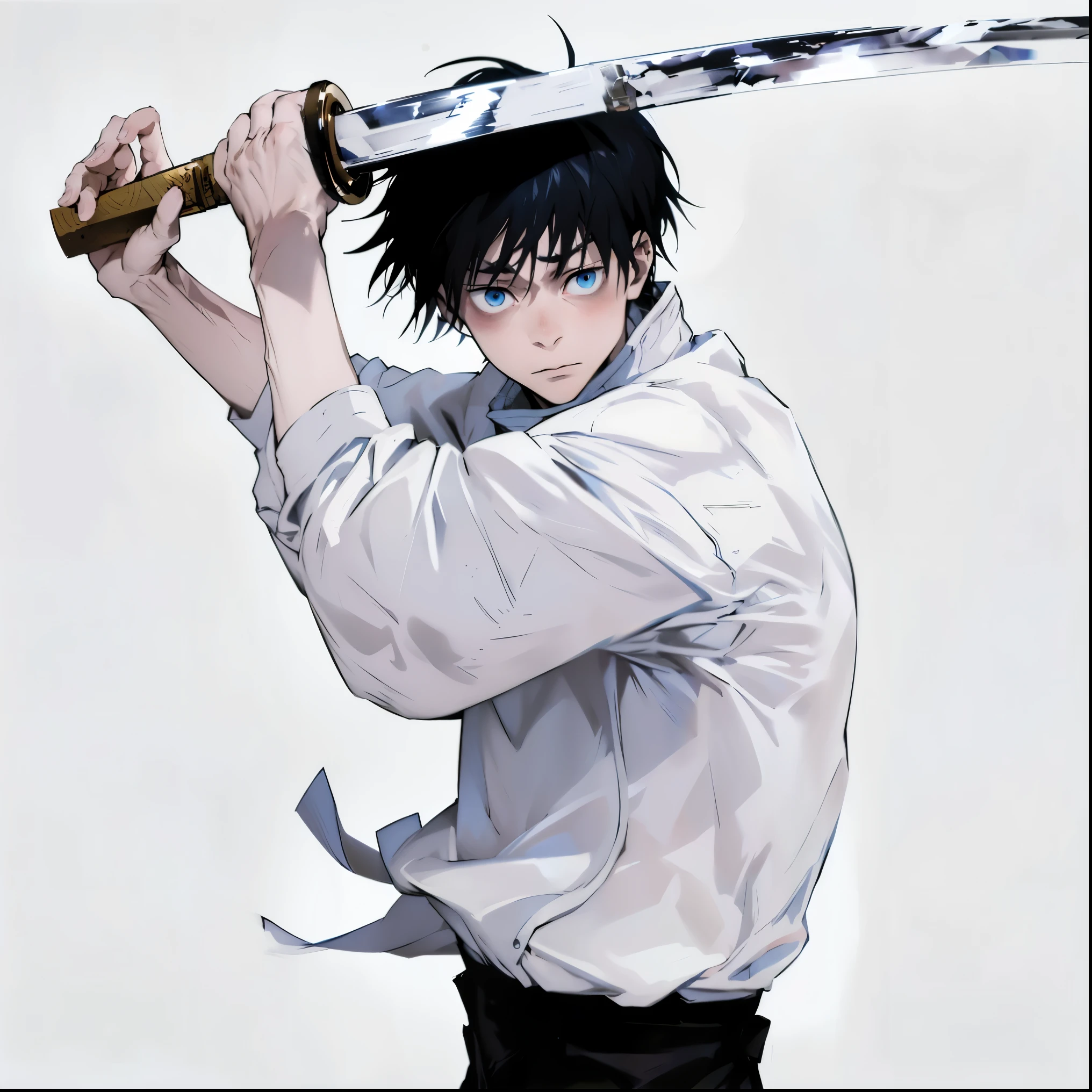 (masterpiece, best quality:1.2), Jujutsu kaisen style, yuta okkotsu, (1boy, solo), upper body, (blue eyes, looking at viewer), white skin, serious expression, (white jacket, high collar), holding Katana by both hands, engagement rings, white background