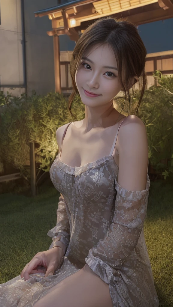 ((((masterpiece、Highest quality、High resolution、Tabletop、wallpaper、Realistic、Bright lighting、Professional Lighting、Face Light、Smooth lighting、Japanese women、Beautiful woman、action、gravure、ly、so beautiful、Beautiful Skin、Beautiful and exquisite、Detailed face、slim、Looking into the camera))))、((Big4))、((((japanese,20-years-old,One woman,outdoors,Looking into the camera,night dress:1.5)))),smile,close mouth,Five perfect, beautiful fingers on each side