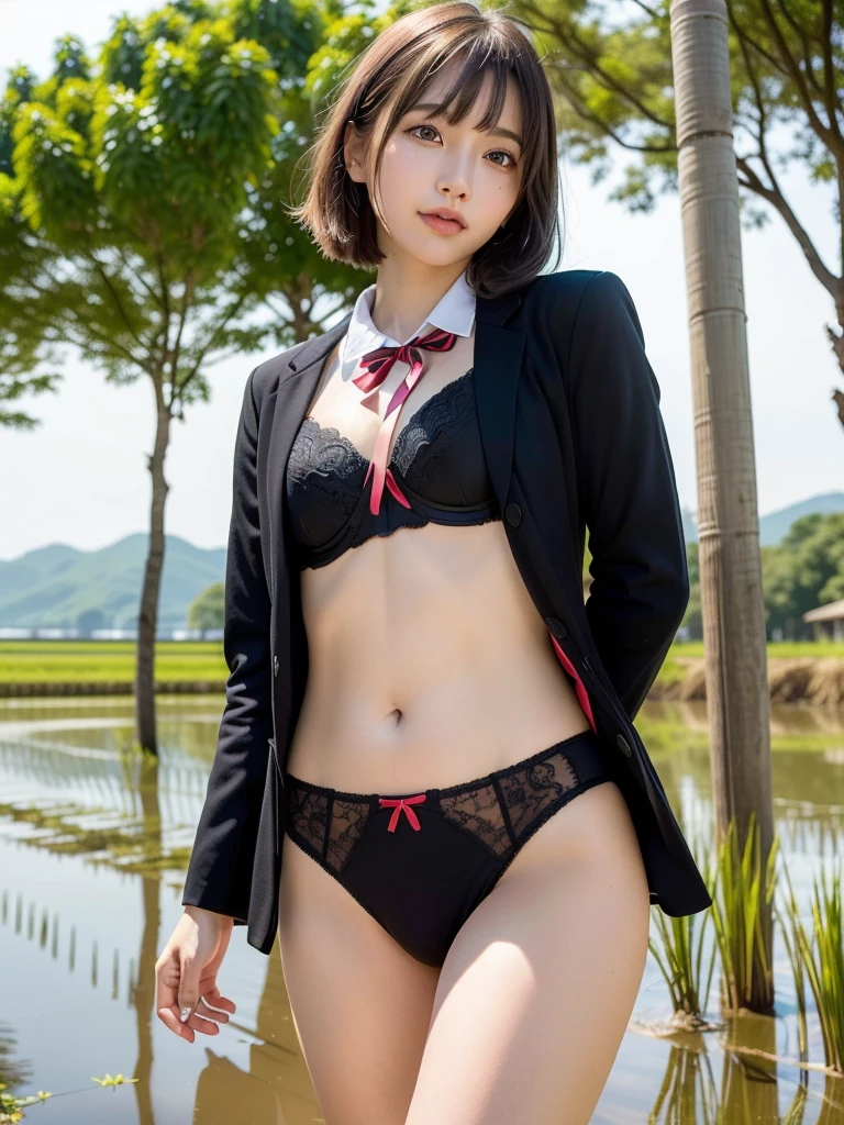 ((Best of the highest quality, 8k, Masterpiece, raw photo: 1.2)), (Sharp focus: 1.2), (1 AESPA, slim body type female, 21 y/o: 1.1), (solo: 1.28), (realistic, photo-realistic:1.37), face focus, cute face, finely eyes, (droopy eyes: 1.32), (Emphasize prominent aegyo-sal with bright: 1.2), shimmering eyeshadow applied under the lower lash line, paired with thick, (small breasts, flat chest, Thigh: 1.3), (short messy hair, bangs: 1.28), (school uniform blazer, ribbon, black bra, panties: 1.32), walking in river, (rice field, paddy field: 1.1), flower, (from below: 1.18)