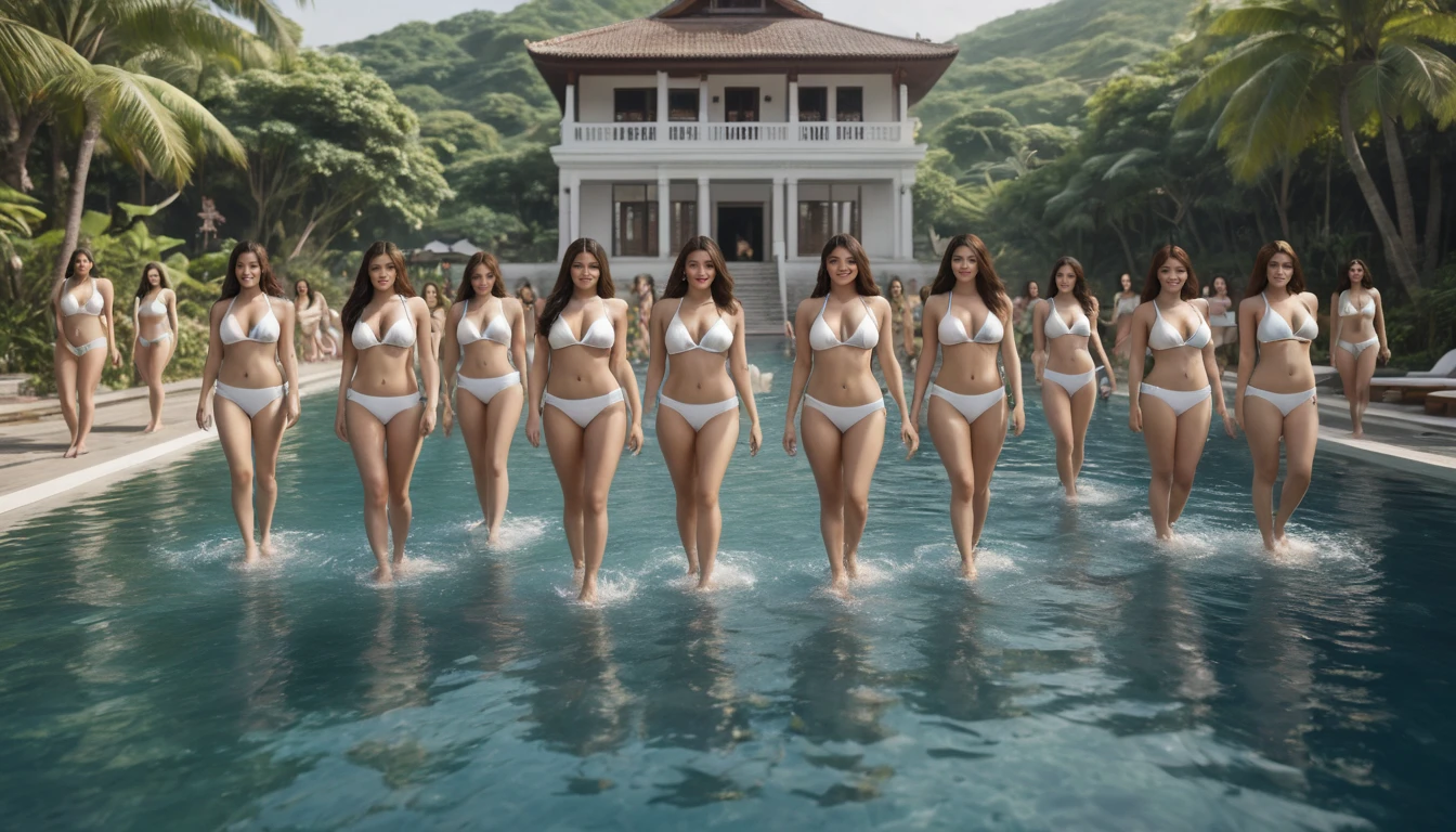 8k, top quality, finish: 1.2), (realistic, photo-realistic: 1.37), highly detailed, (1000 girls), This realistic image shows a large group of women wearing white colored bikinis swimming. There is a luxury villa behind the women. The women in the image are white and appear to have different ages and perfect body shapes. The atmosphere of this picture looks like a very luxurious place involving many female participants. (traditional dress: 1.1), ((sexy)), curvy body, (full body), standing, sexy,