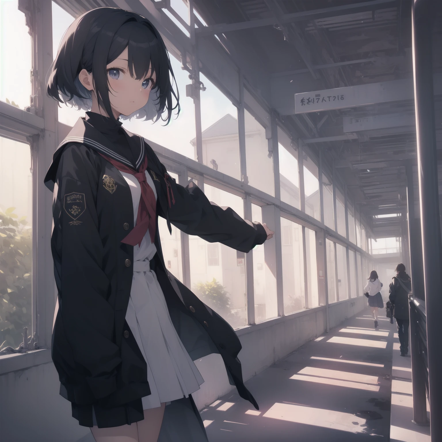 ultra-absurdres-Top quality by artist God, ultra-detailed, high resolution, anime moe artstyle, best anime 8k konachan wallpaper, pixiv contest winner, pool:2810, perfect anatomy,break, 1girl, (Please draw a girl walking sleepily to school alone. )break,(Solo,little female, 13-year-old:1.3),Full limbs, complete fingers,a junior high school student, (very short hair), short cut, flat chest, , small butt, small black eyes, beautiful detailed eyes, well-proportioned iris and pupils, expressive eyes, highres detailed hair, soft expression, salor school_uniform, sailor collar, serahuku, bow, pleated skirt,(Detailed Lighting), (Detailed background), in the School commute route. break,super detailed skin, Best cinematic lighting powered by famous artist, 8k,beauty illustration,photoshop_(medium),very aesthetic,break,((artist:kotorai )), artist:clamp ,artist:carnelian ,artist:kantoku ,
