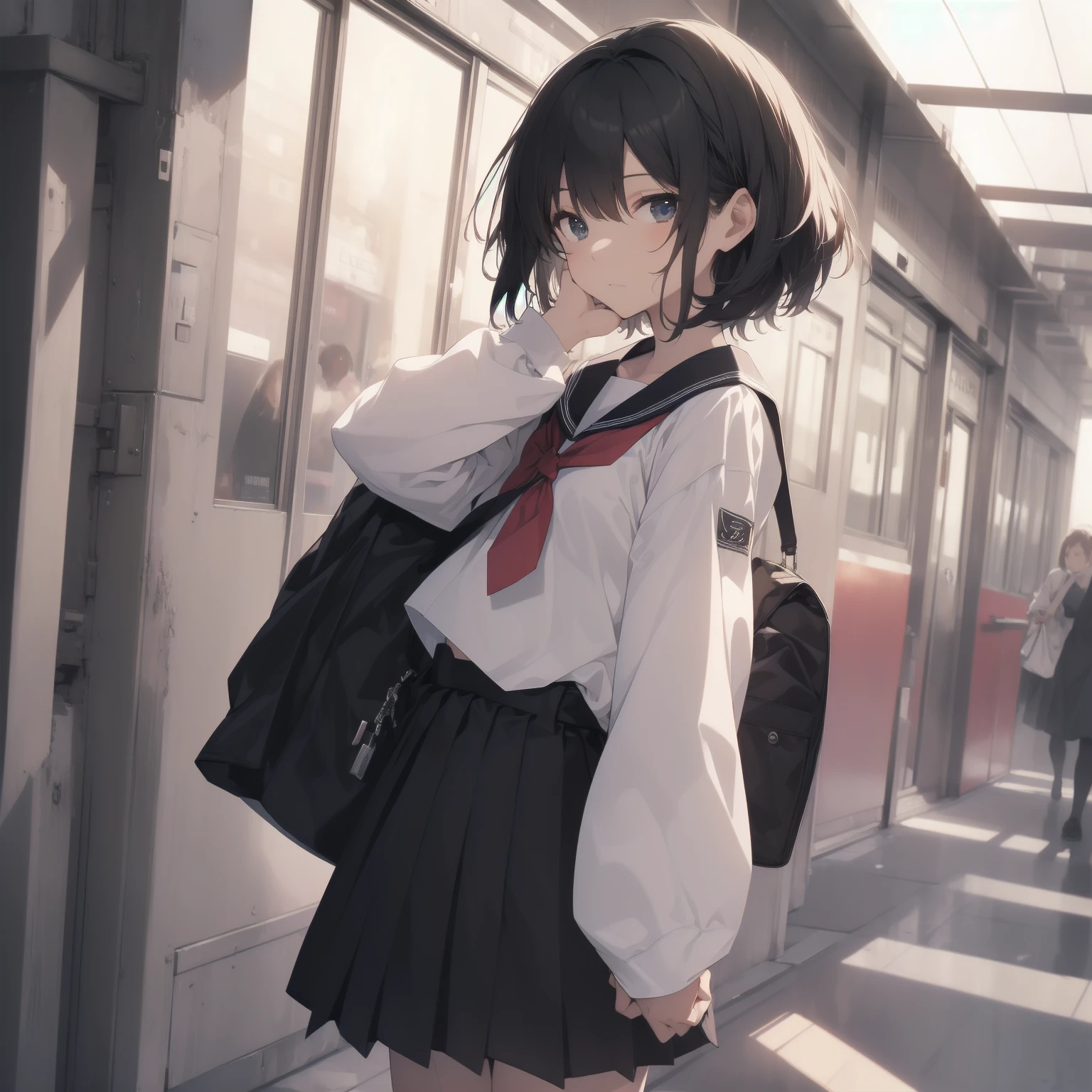 ultra-absurdres-Top quality by artist God, ultra-detailed, high resolution, anime moe artstyle, best anime 8k konachan wallpaper, pixiv contest winner, pool:2810, perfect anatomy,break, 1girl, (Please draw a girl walking sleepily to school alone. )break,(Solo,little female, 13-year-old:1.3),Full limbs, complete fingers,a junior high school student, (very short hair), short cut, flat chest, , small butt, small black eyes, beautiful detailed eyes, well-proportioned iris and pupils, expressive eyes, highres detailed hair, soft expression, salor school_uniform, sailor collar, serahuku, bow, pleated skirt,(Detailed Lighting), (Detailed background), in the School commute route. break,super detailed skin, Best cinematic lighting powered by famous artist, 8k,beauty illustration,photoshop_(medium),very aesthetic,break,((artist:kotorai )), artist:clamp ,artist:carnelian ,artist:kantoku ,