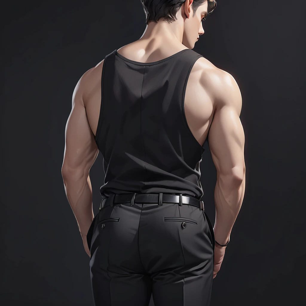 solo,black background,1 boy,arse,male accent,back to shoulder blades,black trousers,bare back,head out of frame,arse accent,trousers down, realistic art style