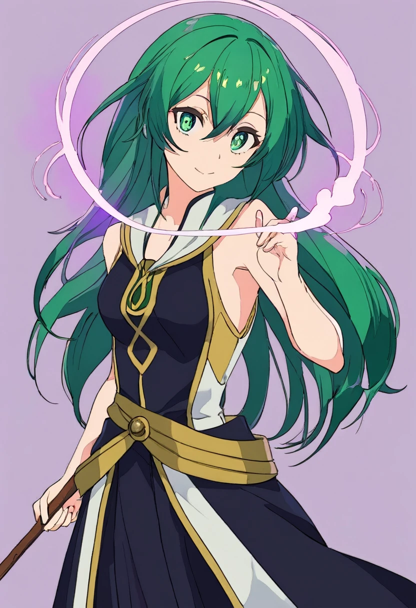 Face: Rena has a heart-shaped face that is gentle and cute. Her eyes were emerald green.
Rena's hair is dark black and extends down to the middle of her back. She often lets her long hair down freely.
Physique: Rena has a slender and elegant figure. She is approximately 165 centimeters tall and has a calm and steady demeanor. She gained strength from practicing magic and fighting.
Dress: Rena often wears outfits that reflect her mage-like nature. Her outfits are usually made from light, easy-to-move fabrics, in dark colors such as purple, black, or dark blue. Her outfits are designed to be simple yet elegant and movement-friendly.
Equipment: Rena often carries a wooden magic wand that bears the symbol of the magical power she wields. This symbol looks like a flower that lights up at night.