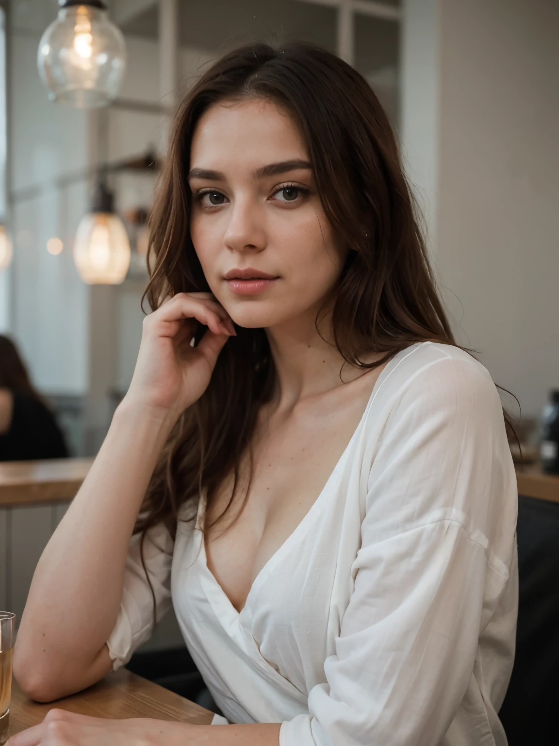 A professional portrait photograph of a gorgeous Norwegian girl in summer clothing with long wavy dark red hair, sultry flirty look, gorgeous symmetrical face, cute natural makeup, wearing elegant summer fashion clothing, sitting in a coffee shop at night, stunning modern urban environment, ultra realistic, concept art, elegant, highly detailed, intricate, sharp focus, depth of field, f/1.8, 85mm, medium shot, mid shot, professionally color graded, bright soft diffused light, volumetric fog, trending on Instagram, HDR 4K, 8K
