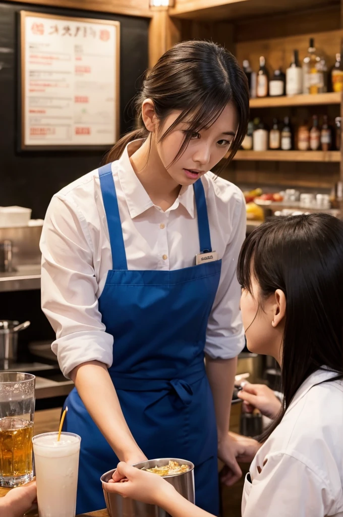 A male customer complaining to a female waitress at an izakaya