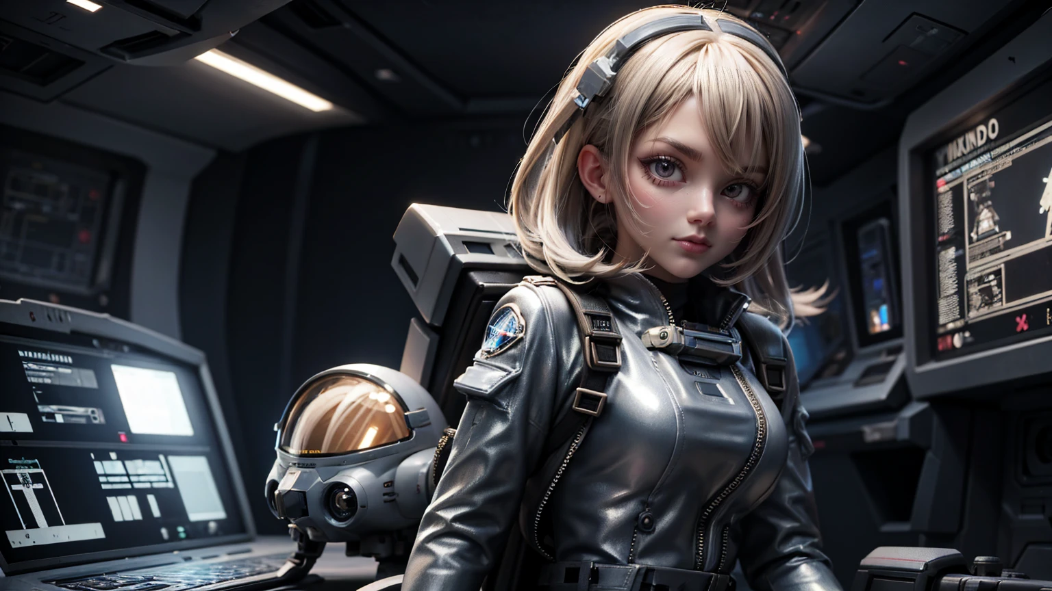 A girl with blonde and silver hair, wearing a pilot's outfit with a jetpack and a holographic control panel.