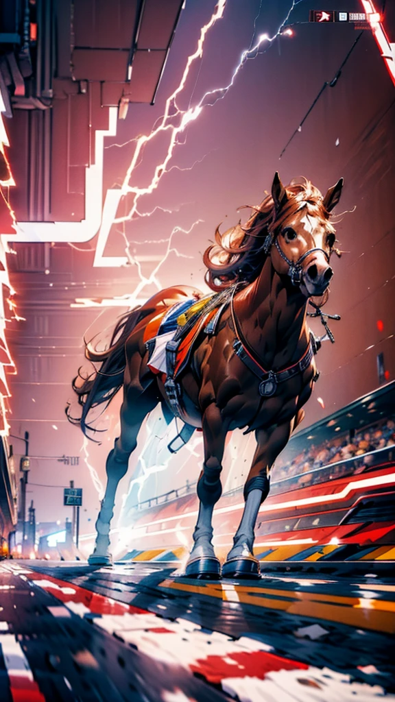 Horse-themed characters, Run, Wearing big sneakers, サイバーパンク, Scarlet image color, Keep the background simple, Magazine cover design, Horse tail, Like a horse girl, horse ears, projected inset, UHD, highres, best quality, 8k