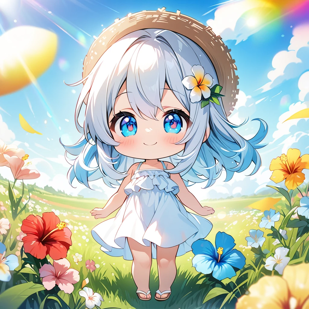masterpiece, best quality, 4k、2D illustration, one beautiful girl, solo、(((chibi style)))、((vivid colors))、cute chibi, lovely chibi、((colorful))、((long beautiful hair)), glossy light silver hair, hair between eyes, cute, beautifully detailed eyes、((white summer dress))、((straw hat))、hibiscus hair ornament, flip-flops, ((happy smile))、((full body shot))、((summer grasslands))、((pretty flowers)), ((gentle breeze))、((blue sky))、sunbeam, white light, ((lens flare)), ((high color saturation)), 