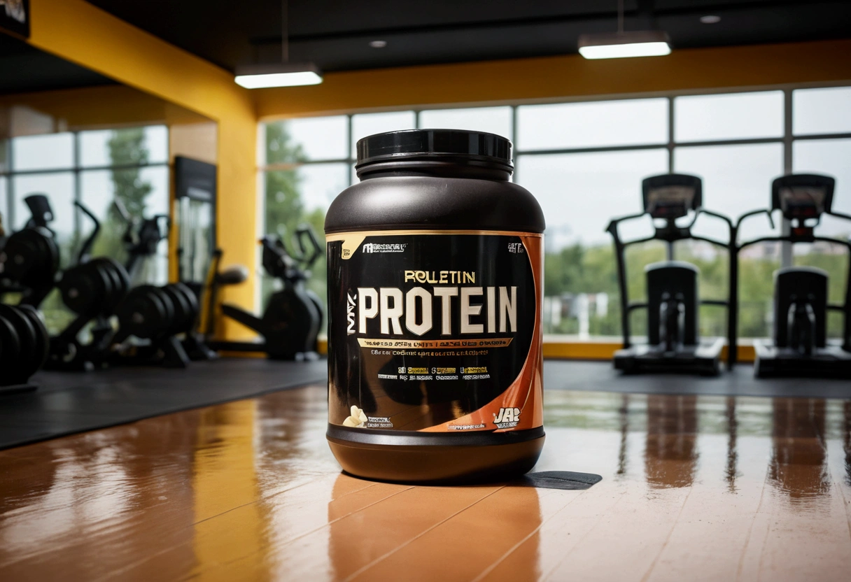 a picture of a protein jar (solid color) on the floor, gym in the background like in a commercial, gym out of focus
