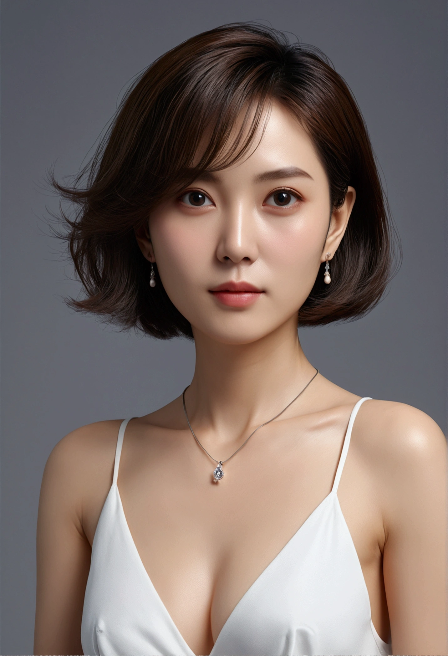 (((Highest quality、8k、masterpiece)))、Sharp focus、Cinema Lighting、Soft Light、High Resolution Skins:1.3、Realistic skin texture、30 year old mature woman、Small face、No makeup、short hair、Dark brown hair、Beautiful eyes in every detail、Small breasts、、Bust B cup、Wear a pendant、Sexy pose、Slim figure、Cool Beauty、Gray background