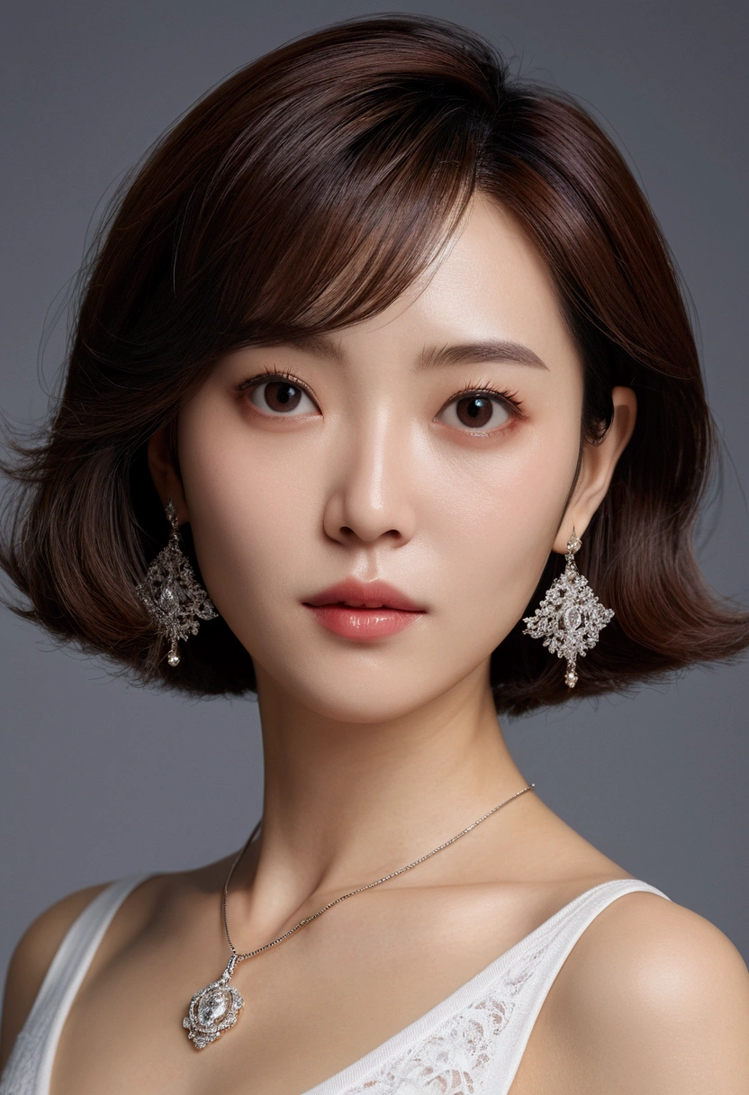 (((Highest quality、8k、masterpiece)))、Sharp focus、Cinema Lighting、Soft Light、High Resolution Skins:1.3、Realistic skin texture、30 year old mature woman、Small face、No makeup、short hair、Dark brown hair、Beautiful eyes in every detail、Small breasts、、Bust B cup、Wear a pendant、Sexy pose、Slim figure、Cool Beauty、Gray background
