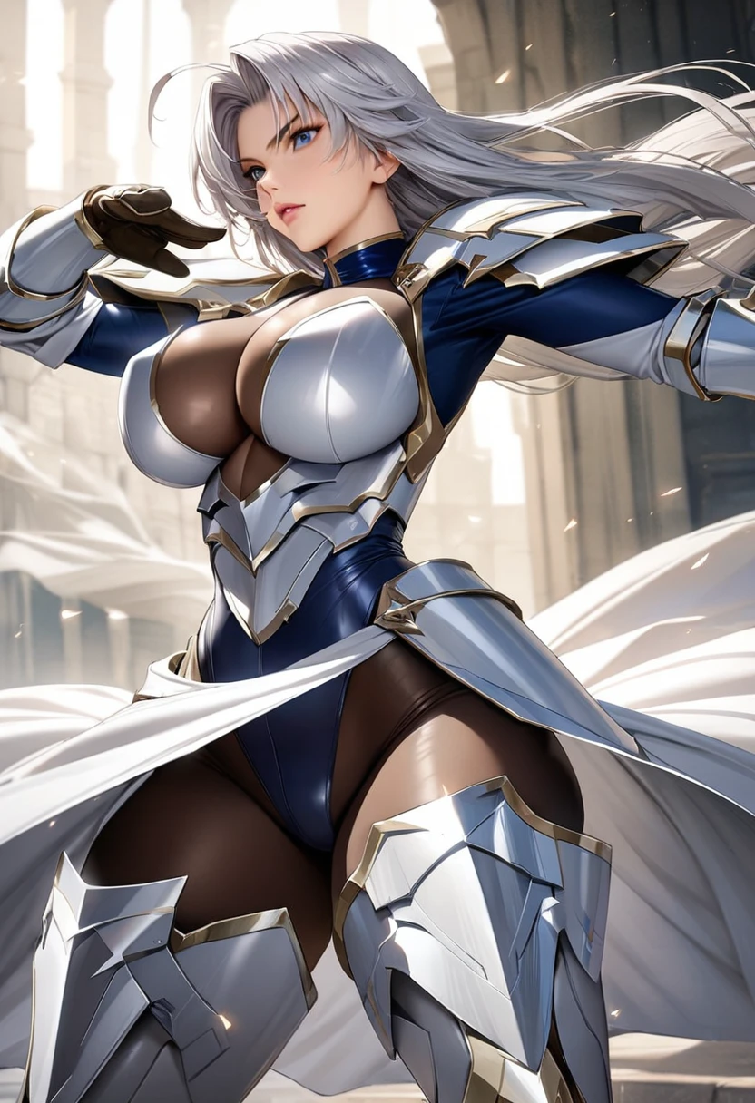((highest quality)), ((masterpiece)), ((hyperrealistic)), (detailed background), 1girl, ((curvy: 1.2)), perfect face, Langrisser, makeup, battle pose, holding weapon, ((high neck racing leotard: 1.5)), ((catsuit)), ((white paladin armor: 1.3)), ((long skirt)), (cloak de cour), gauntlet, gloves, silver straight hair, ahoge, parted bangs, (huge ), (see-through cleavag), (pantyhose thighettai ryouiki armored thigh high boots), beautiful eyes, Perfect hands, perfect fingers,