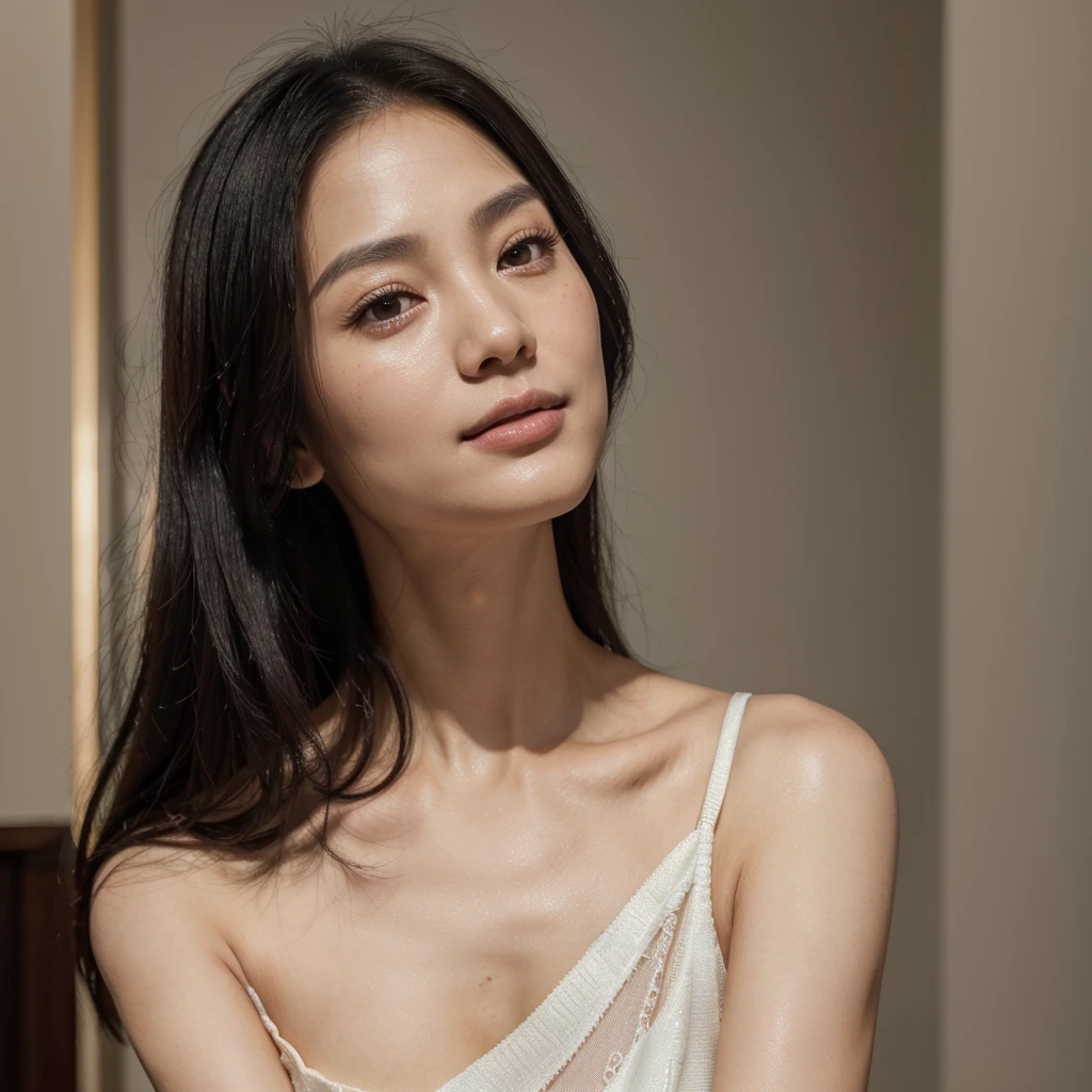 1 korean woman, 52 years old, 1.65m tall, blue-black long straight hair reaching mid-back, dark brown eyes, delicate and slender physique with graceful posture, fair ivory skin, heart-shaped face with high cheekbones, naturally pink lips and charming smile, a serious birthmark behind left ear, elegant and sophisticated dress style, full lips, small eyes, some soft wrinkles across face but still a very beautiful face, elegant middle-aged mother, (best quality,4k,8k,highres,masterpiece:1.2),ultra-detailed,(realistic,photorealistic,photo-realistic:1.37),portrait,highly detailed,intricate details,exquisite,cinematic lighting,natural lighting,soft warm colors,cinematic,dramatic