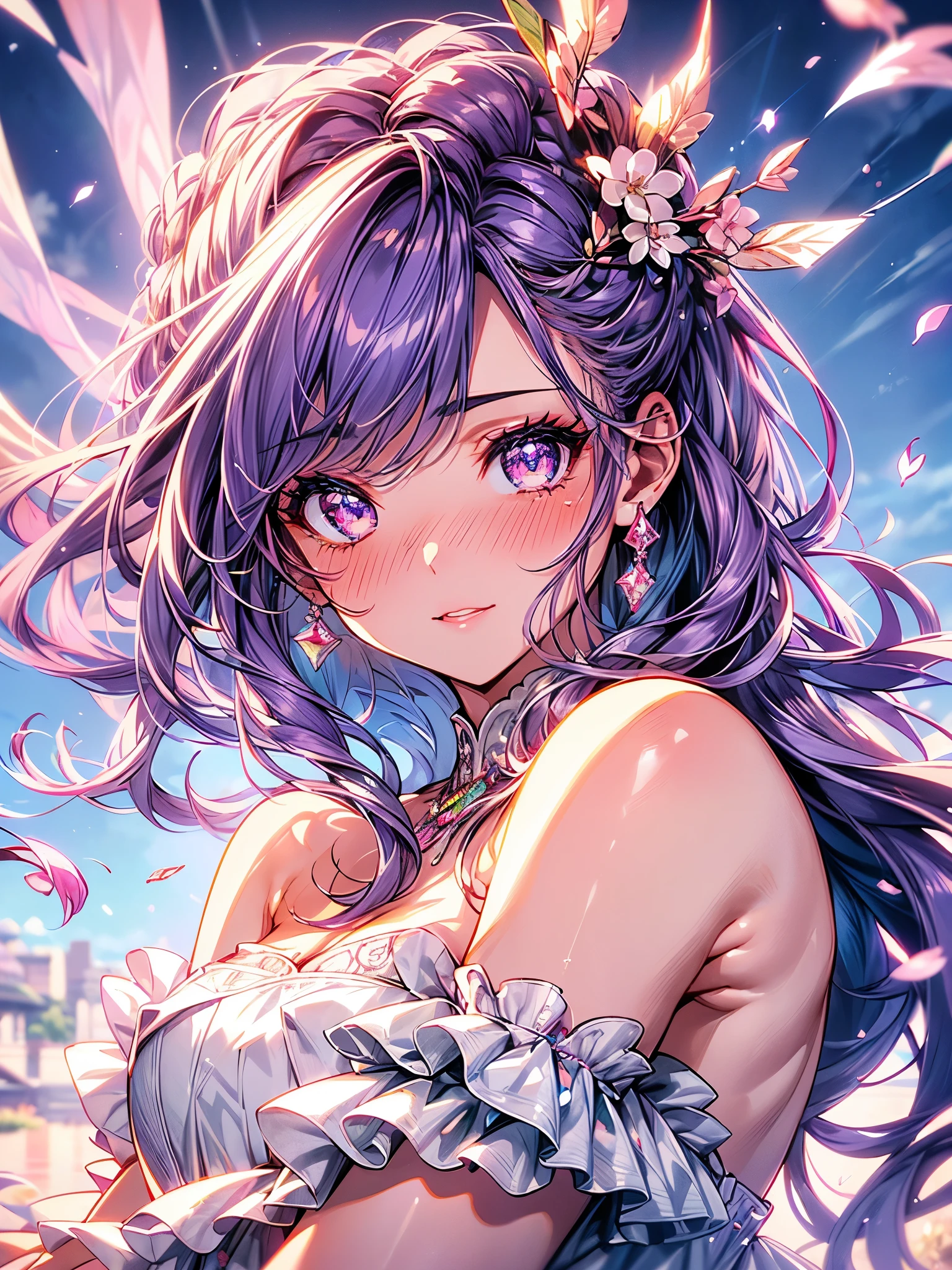 mature woman, 1girl, (masterpiece, best quality, extremely detailed), sharp focus, detailed face, face focus, extremely detailed eyes, long hair, crown braid, hair over the shoulders, (purple hair: 1.3), purple eyes, (sparkling eyes: 1.2), long eyelashes, (strong blush, drunk: 1.2), delicate makeup, big breasts, ((pink and white complicated dress, bare shoulders, décolleté)), ((dusk, holding diamond shard, discovery, bamboo shoots background, grass, green particles around, calm lake, cherry blossom background, breeze)), cinematic lighting, edge lightning, ray tracing, shading, dynamic angle, full-length image, walks,