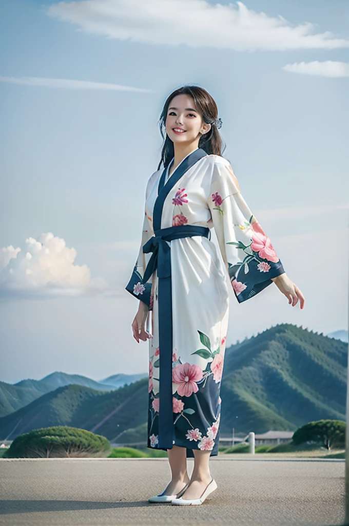 Fantastic sky Woman dancing in the air Kimono Pose The correct way to wear Japanese clothing,Long Hair