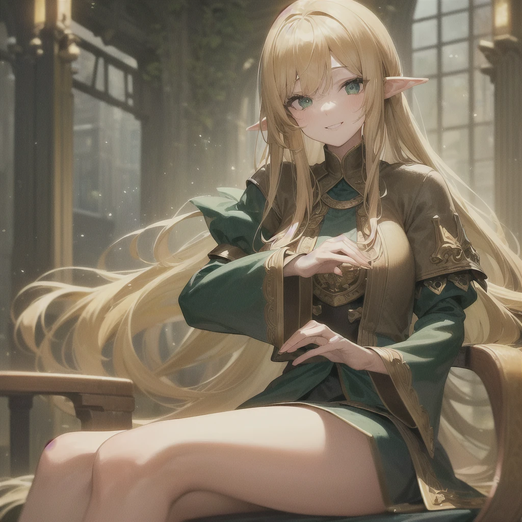 (((Masterpiece, highest quality, high definition, high detail)))), (((Fantasy))), ((Walled City)), ((Inside the inn)), (Sitting in a chair and looking out the window))), ((People passing through the city)), One, Elf woman, Short skirt of white embroidered with gold, Blonde long straight hair, Dark green eyes, Green surcoat embroidered with gold, Smile, Big, (Breeze) , There are a lot of light particles floating in the room
