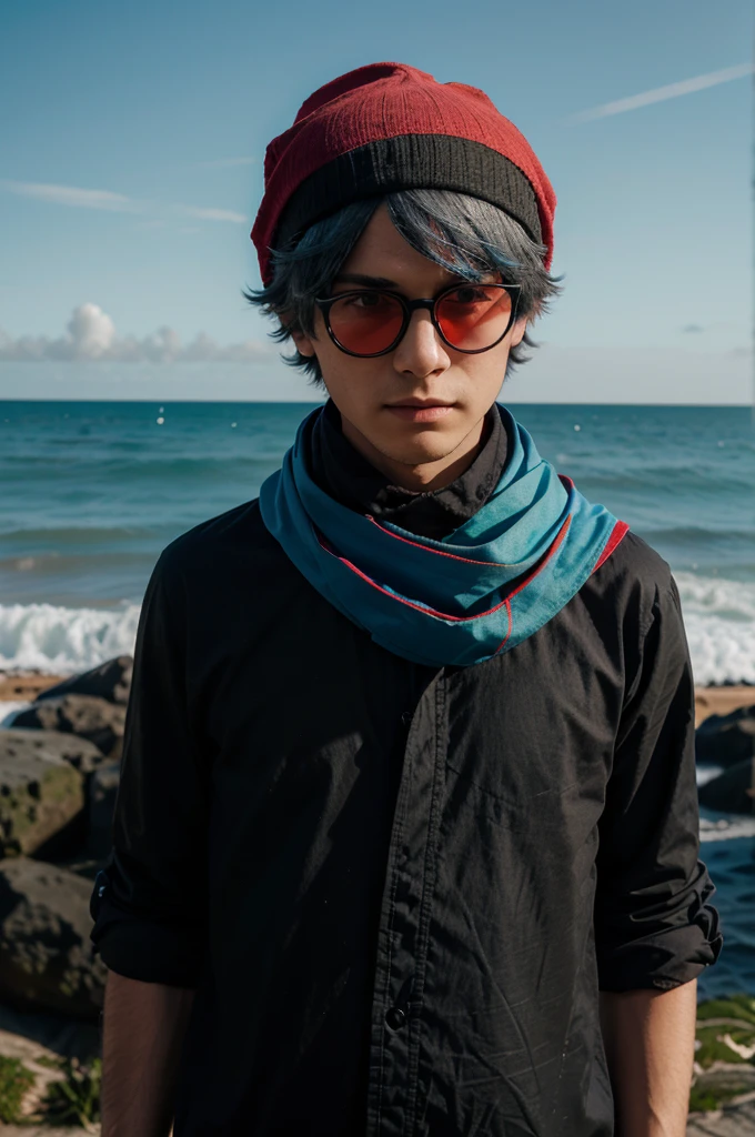 boy with beach glasses on top head, black and cyan shirt, party glasses, use sword in behind, use red scarf, use black and blue hat, gray hair