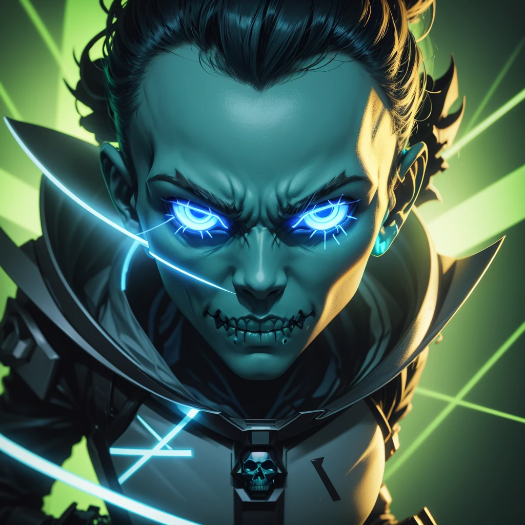 Blue led glowing skull, with a letter X on the forehead ,IN ANIME FORM,8k, with green background , without any other detail on the background, just green