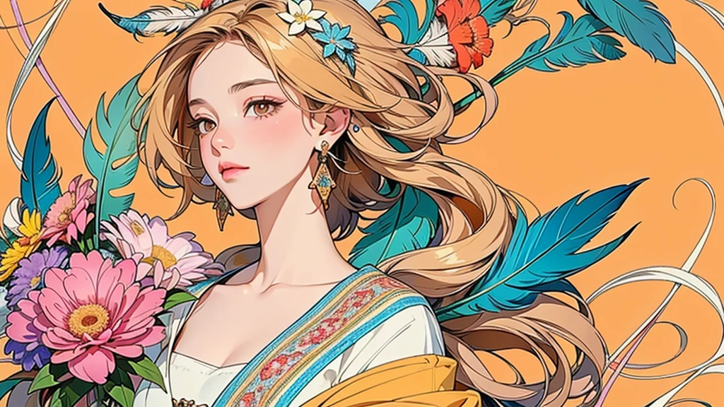 (ultra-Detailed Background, Detailed Background), Absurd, High resolution, Super detailed, Very detailedな, One girl, (bouquet:1.3), (Tangled:1.2), (Geometric:1.2),(colorful),(masterpiece, quality, best quality, Official Art, Beautiful and beautiful:1.2), (1 girl:1.3), Very detailed,(colorful:1.1)(Flowers:1.3),Most detailed,(Tangled:1.2), whole body, (Abstract background:1.3), (Skin glows), (Many colors:1.4), ,(Earrings Feather:1.5), Pale orange and pale yellow background, Brown short hair,
