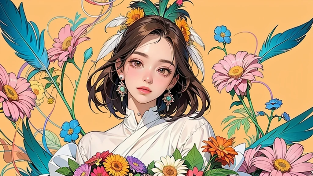 (ultra-Detailed Background, Detailed Background), Absurd, High resolution, Super detailed, Very detailedな, One girl, (bouquet:1.3), (Tangled:1.2), (Geometric:1.2),(colorful),(masterpiece, quality, best quality, Official Art, Beautiful and beautiful:1.2), (1 girl:1.3), Very detailed,(colorful:1.1)(Flowers:1.3),Most detailed,(Tangled:1.2), whole body, (Abstract background:1.3), (Skin glows), (Many colors:1.4), ,(Earrings Feather:1.5), Pale orange and pale yellow background, Brown short hair,