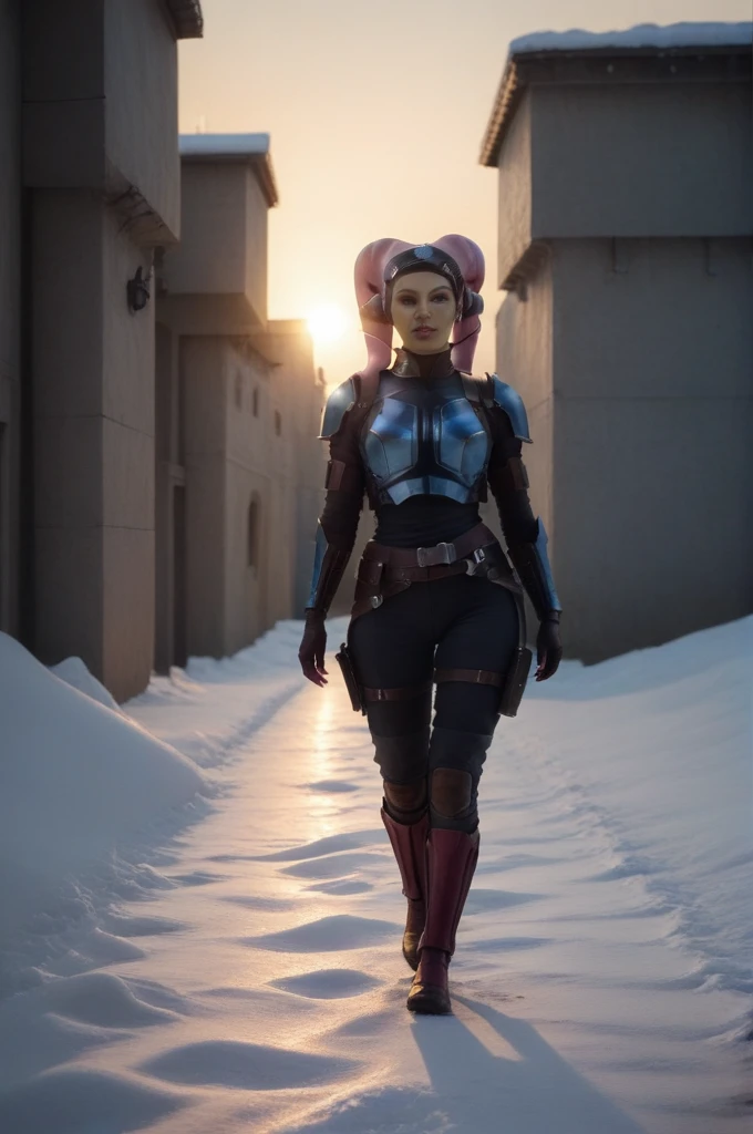 a ((fall body)) hera syndulla
 ((female twi'lek ))mandalorian,walking on snow fire, beautiful detailed eyes, beautiful detailed lips, extremely detailed face, long eyelashes, mandalorian armor, sci-fi, cinematic lighting, dramatic, epic, intricate details, hyper-realistic, 8k, high-quality, photorealistic
