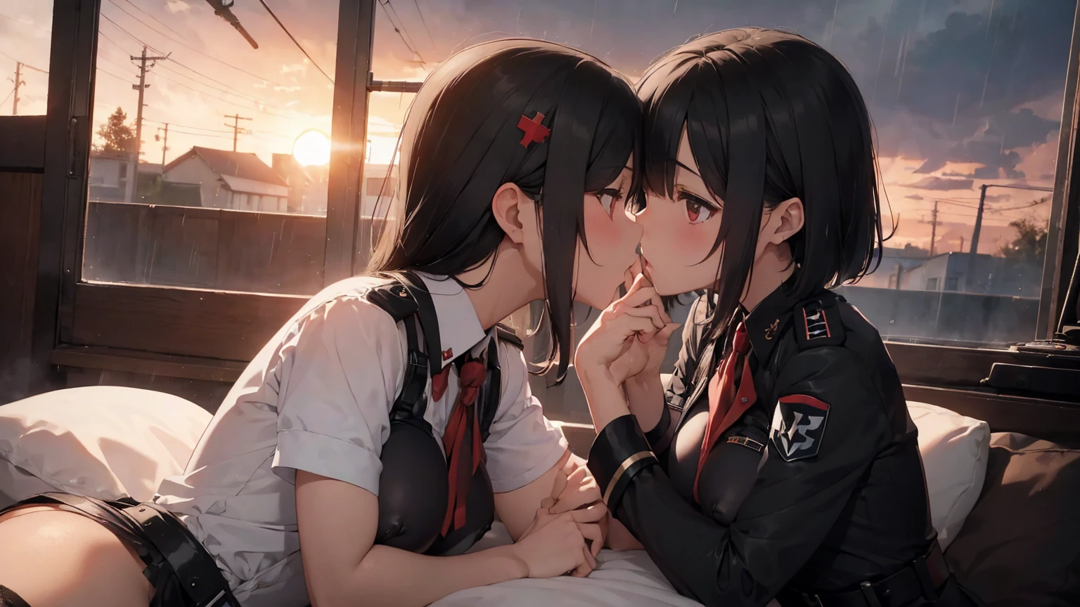 Gestapo uniform, female lesbian kawaii sisters kissing passionately with T-54 military tank. wearing Luftwaffe uniforms. 8k. masterpiece. best quality. best artwork. lingerie. Swastika insignia red armband. busty bare breasts. nipples. sunset. rain storm