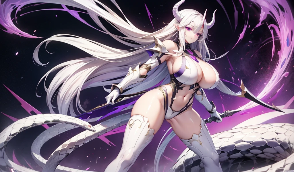 Adult woman with long white hair, Huge breasts,pale skin，Demon horn，Purple Eyes，armor，Abdominal muscles，Bare arms，Bare Legs，Standing，Big snake