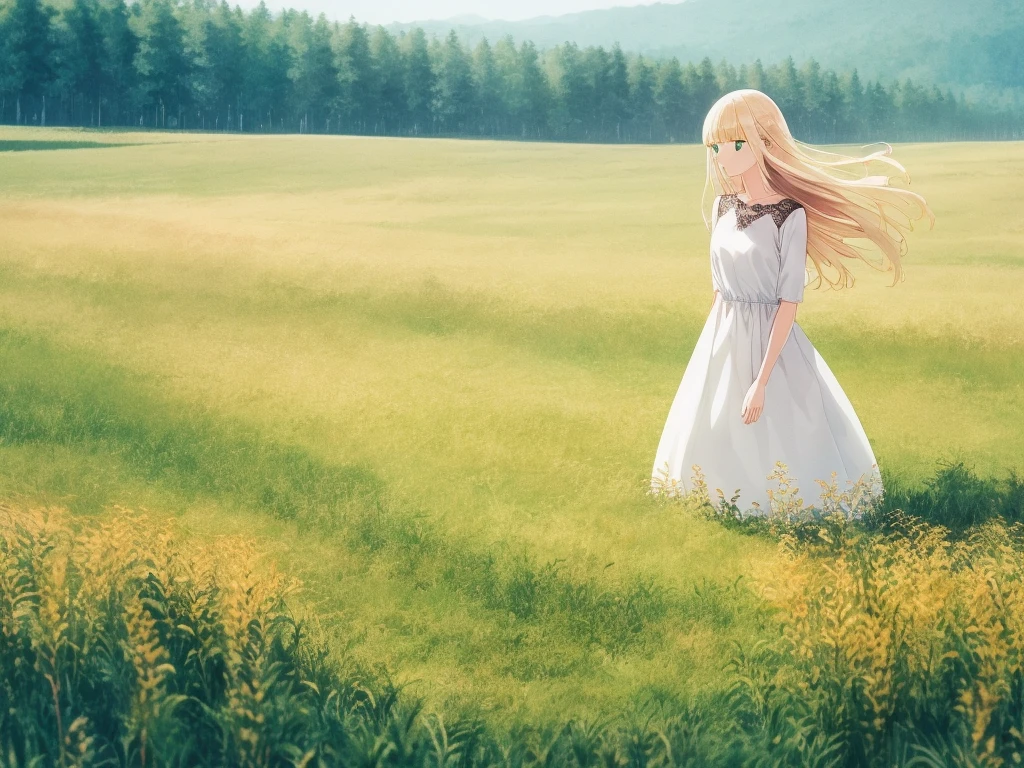 (((hair bangs))) 1 woman, blonde hair, scenery, grass field, solo, focus, long hair, medium breast, dress, long hair,green eyes, white clothes, black skirt, long skirt, (((pretty woman))), elegant woman, white background, scenery, mature, adult