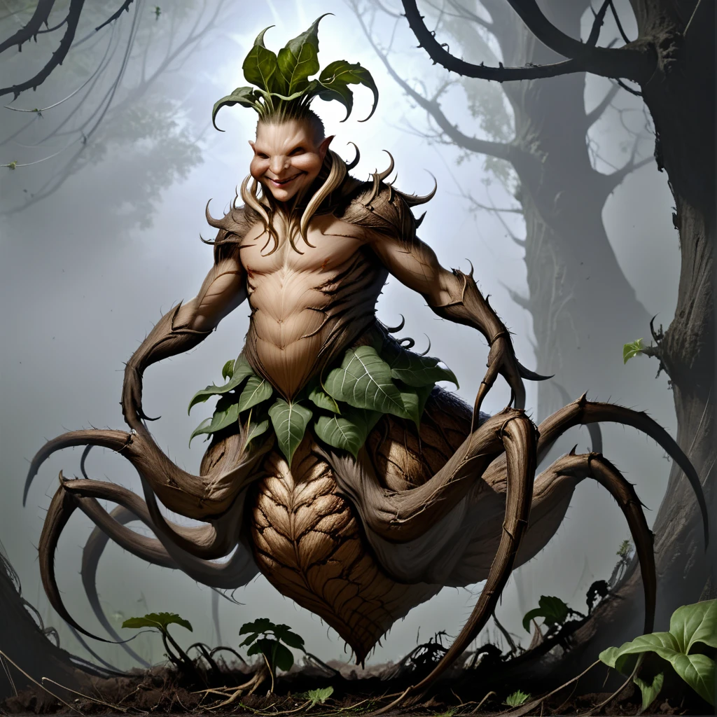 4r4chn1d, concept art, digital art, arachnid character, realistic, detailed face, Mandrake inspired, (Masterpiece:1.3) (best quality:1.2) (high quality:1.1)