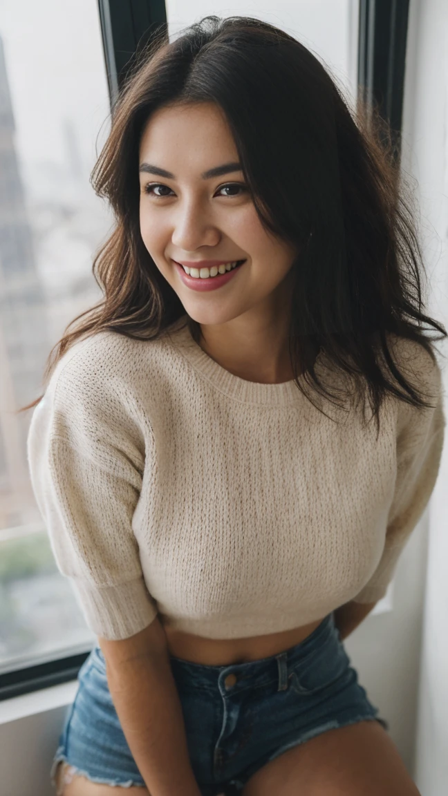 18 year old woman german mixed with canadian ethnicity, thicc, very large breast, big cleavage, white skin, Instagram profile picture, black hair, wearing tight sweater, wearing shorts, non-luxury home, low-class home kitchen, (((Photo by Ibiza on Instagram)), 8K, highly detailed, photorealistic, intricate details, realistic skin texture, realistic hair, texture, cheerful, 8K uhd, best quality, high resolution, attention to detail, big, high-end, highly detailed, high resolution, masterpiece, best quality, intricate high details, highly detailed, sharp focus, detailed skin, realistic skin texture, texture, detailed eyes, professional, 4K, attractive smile, shot with canon, 85mm, shallow depth of field, kodak vision color, highly detailed, photography_\(extremist\), realistic, realistic, post-processing, maximum details, roughness, real life, extreme realistic, photorealism, photography , 8k, photography
