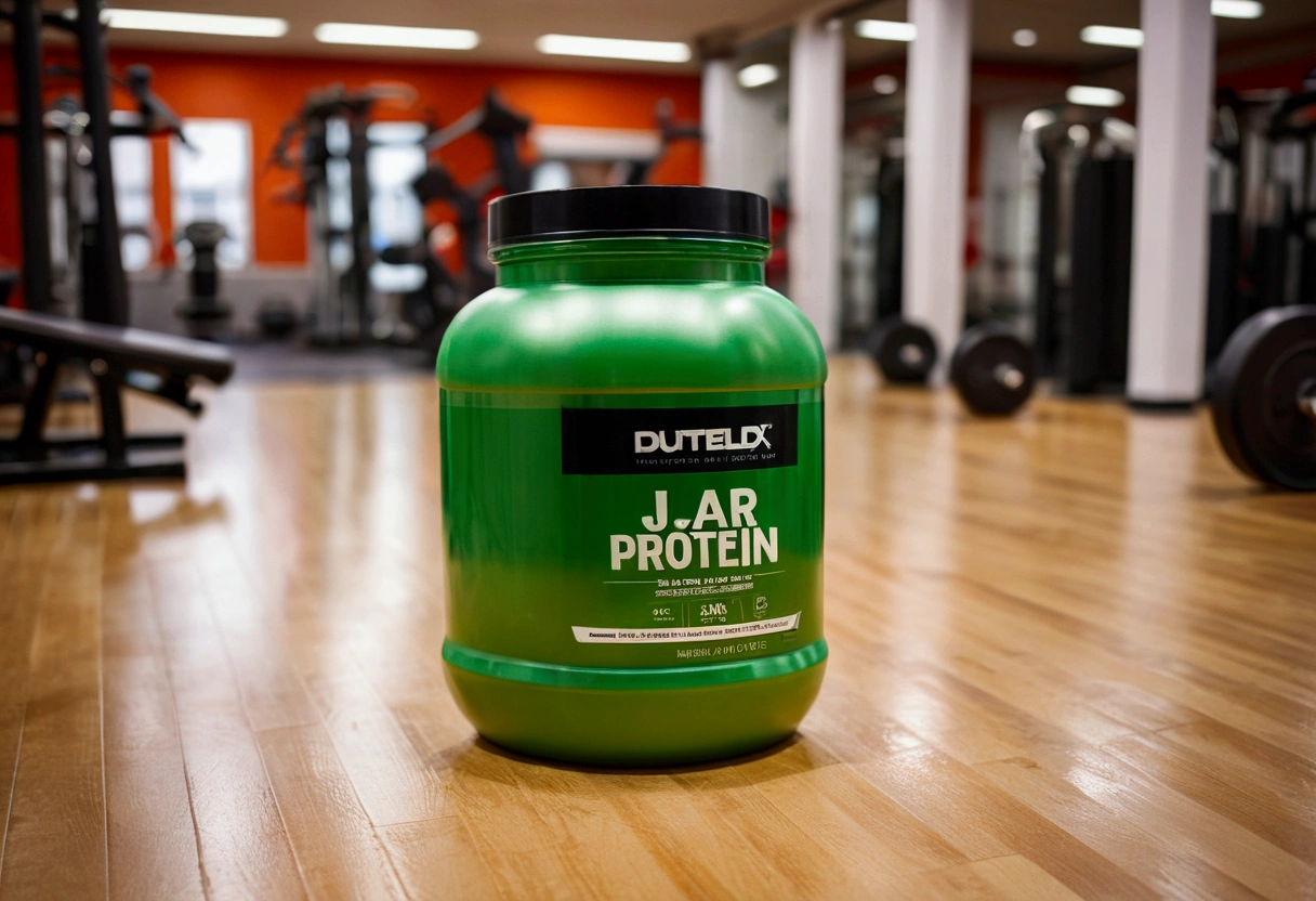 a picture of a protein jar (solid color jar) on the floor, gym in the background like in a commercial, gym out of focus
