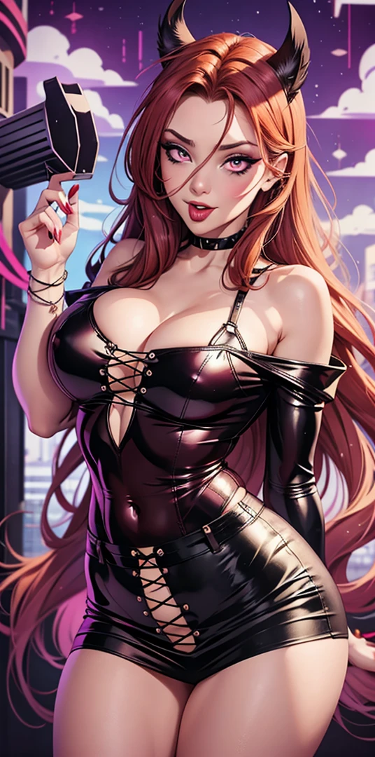 Beauty gothic girl night black Blouse v-neckline, leather skirt, thights, Wide legs Small waist, wide big hips, model pose, only two Arms With a red bow making an ahegao face with Crossed eyes and Tongue out with drool drops, with bigtits and stimulating a huge penis between her breasts