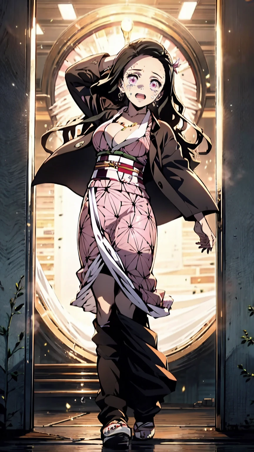 (Highest quality),(masterpiece), 8k,Very detailed, Detailed light, Best Shadow,Detailed reflective eyes, Beautiful Eyes, Very detailedな顔,Shiny Hair,sexy,Big Breasts,Charm,One person,Gloss,nezuko,Demon slayer,kimono,Black Hair,Wisteria flower,Fantasy,Charm, Blushing,Expressionless,tearsを流す,tears,looking at the camera,front,Bamboo,口元にBamboo,