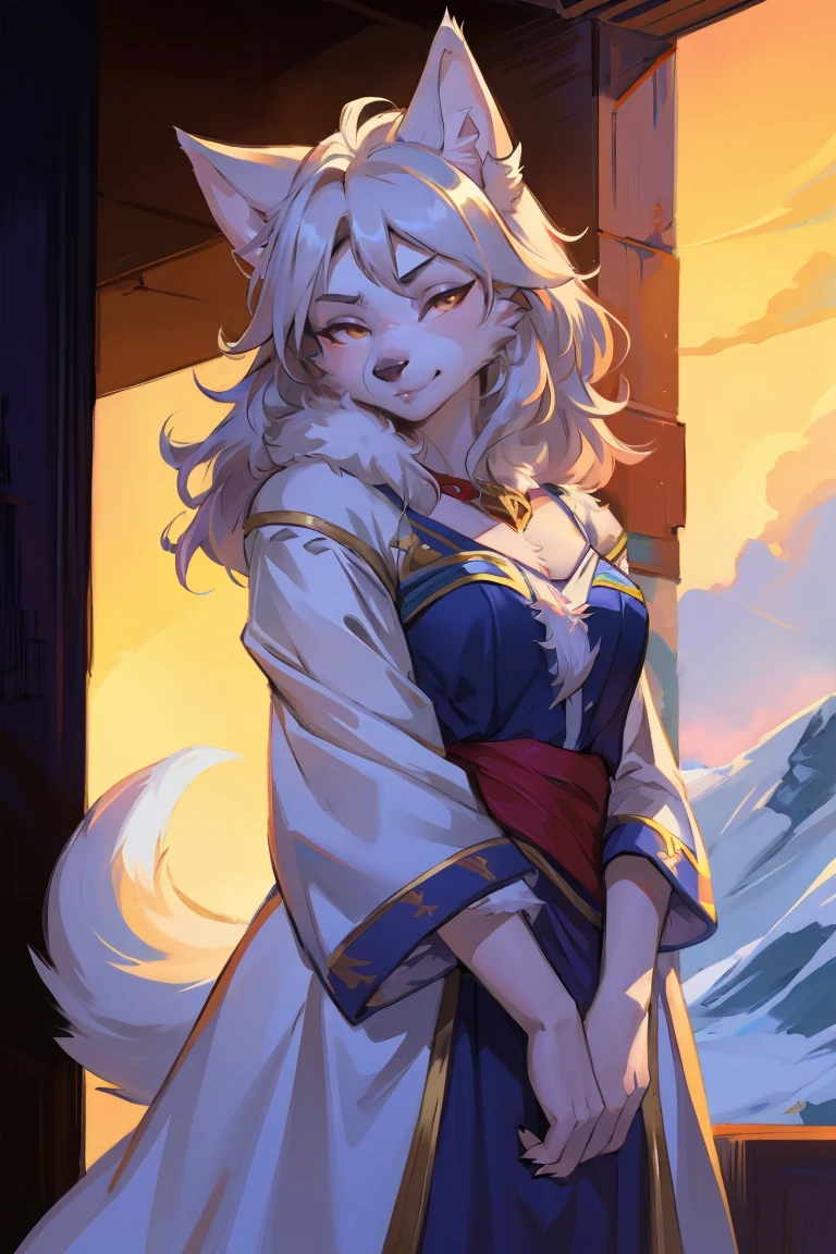 Top quality, best quality, High-quality illustrations, masterpiece, Ultra-high resolution, 详细background, (Wolf_girl:1.2),Beautiful figure,Height 193 cm,close_up,(Fluffy anthropomorphic furry :1.6),curls,fur,Neck hair,Extremely fine fur,aldult, 33 years old, Mature, Solitary,Solitary,Snow-white wolf girl, High target, Mature, 咯咯lol, lol, Squinting, Head tilt, 腼腆的微lol, Shy, 无background, Dress up《Assassin&#39;s Creed》The Assassin, White+gold, XL Bust, Use wrist blade，background: Renaissance City. Unreal Engine 5, Japanese cartoons, Japanese cartoons style, masterpiece, Well drawn eyes 