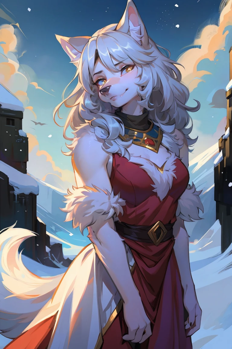 Top quality, best quality, High-quality illustrations, masterpiece, Ultra-high resolution, 详细background, (Wolf_girl:1.2),Beautiful figure,Height 193 cm,close_up,(Fluffy anthropomorphic furry :1.6),curls,fur,Neck hair,Extremely fine fur,aldult, 33 years old, Mature, Solitary,Solitary,Snow-white wolf girl, High target, Mature, 咯咯lol, lol, Squinting, Head tilt, 腼腆的微lol, Shy, 无background, Dress up《Assassin&#39;s Creed》The Assassin, White+gold, XL Bust, Use wrist blade，background: Renaissance City. Unreal Engine 5, Japanese cartoons, Japanese cartoons style, masterpiece, Well drawn eyes 